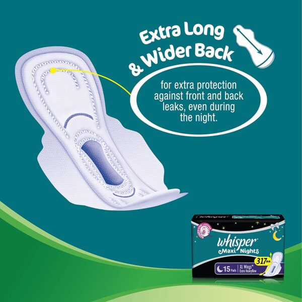 Whisper Maxi Nights Sanitary Pads for Women, XL, Pack of 15 Napkins - Image 4