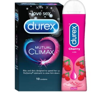 Durex Mutual Climax Condoms for Men & Women – 10 Count with Durex Water based Lube Cherry flavoured Lubricant Gel, Extra Dotted and Ribbed for Pleasure (50ml)