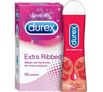 Durex Extra Ribbed Condoms for Men – 10 Count with Durex Lube Strawberry Flavoured Lubricant Gel for Men & Women – 50ml | Water based lube | Compatible with toys | Dotted and Dotted for Extra Stimulation