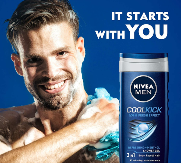 NIVEA Men Body Wash, Cool Kick with Refreshing Icy Menthol- Shower Gel for Body, Face & Hair- 250 ml - Image 3